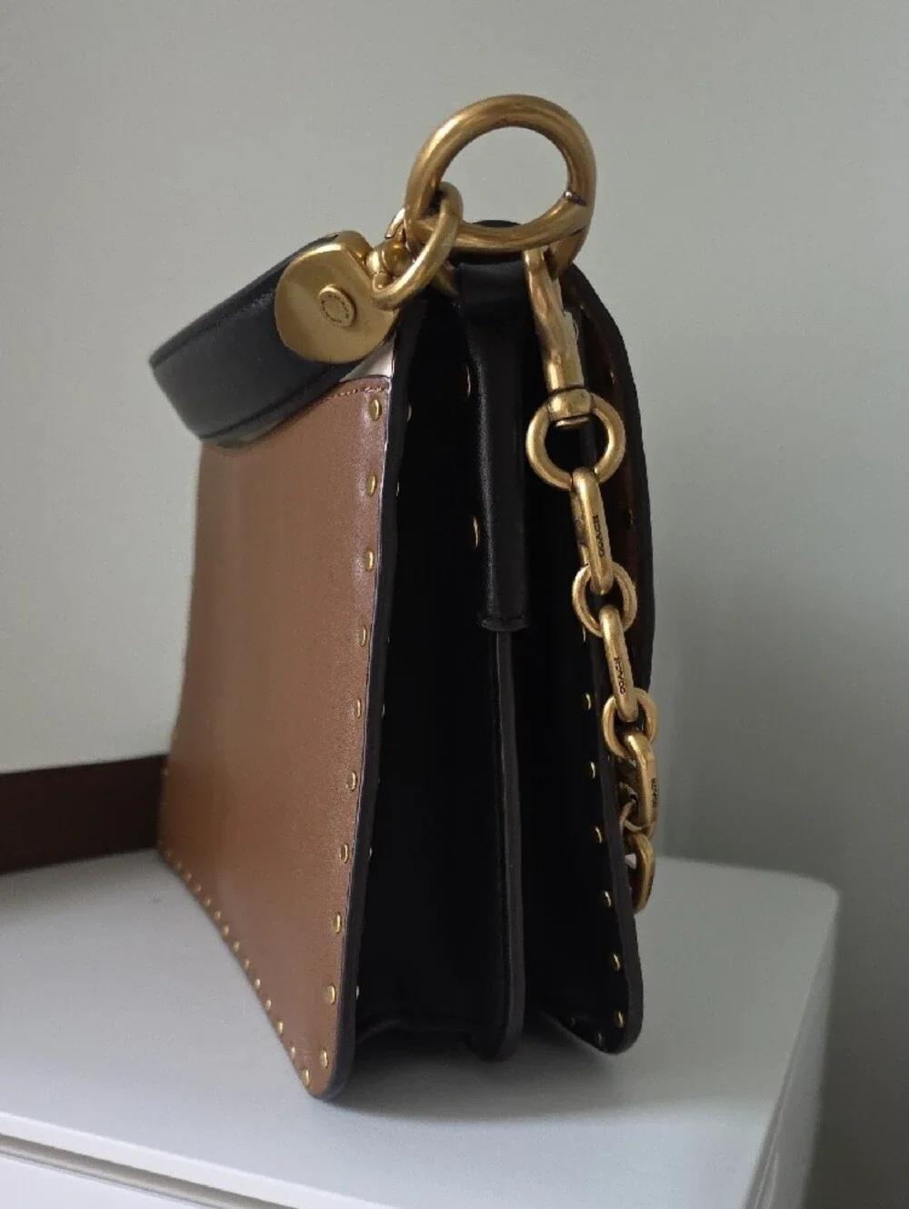 Coach Two-Tone Cream and Brown Leather Bag with Branded Gold Chain Accent